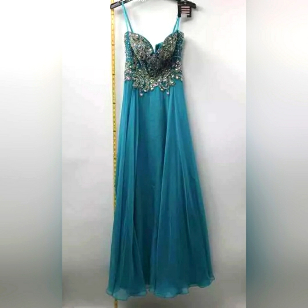 NEW Brit Cameron Womens Scuba Blue Rhinestone Sweetheart Neck Maxi Dress Size 4